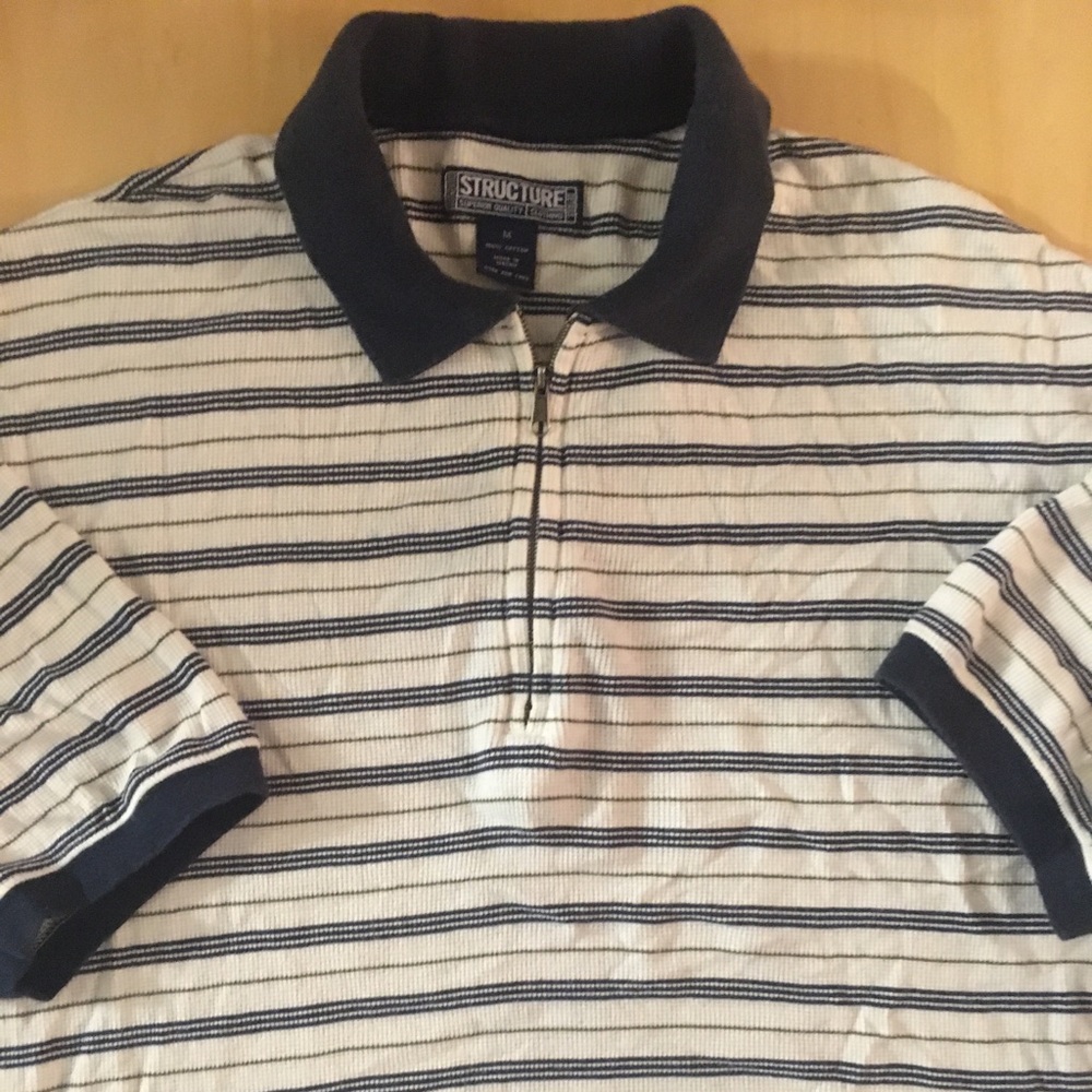 Structure ribbed-knit polo with zipper front, sz M